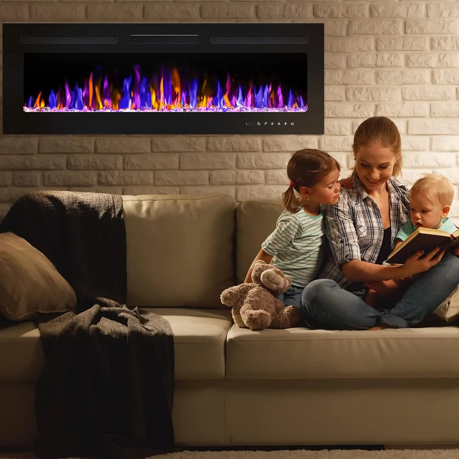 60-Inch Large Screen Electric Fireplace – 220V LED Wall-Mounted Fireplace with Floating Flame Effect & Remote Control