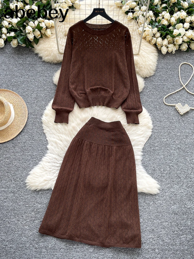 

2026 New Winter Korean Knit 2pcs Sets Women Solid Cardigan+Bodycon Skirt Autumn Chic Senior Print Thick Suits