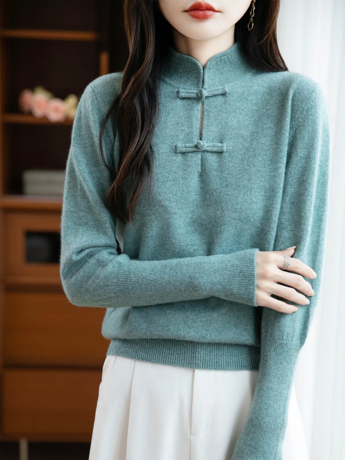 Winter Bloom Women 100% Merino Wool Oriental Style Knit Jumper Thickened Warm Stand Collar Pullover Fall Winter Base Top Sweater