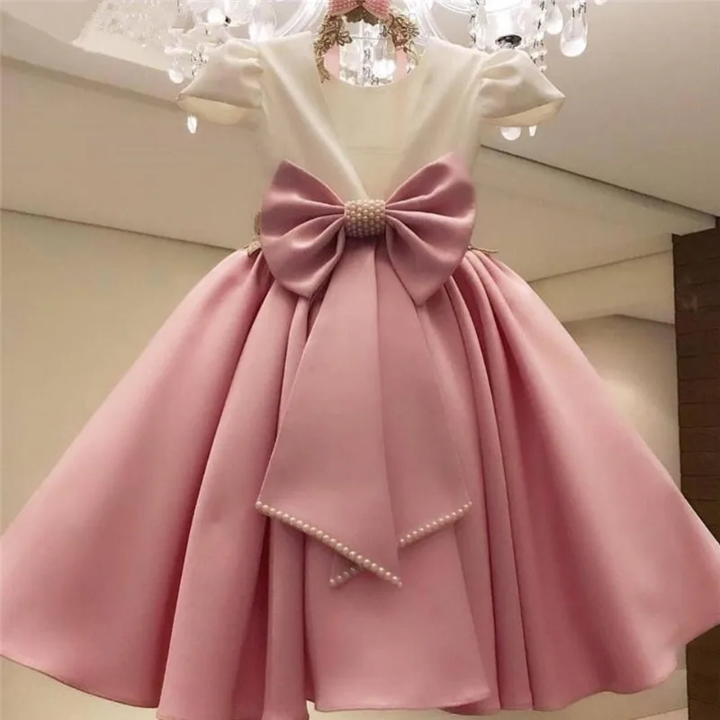 Bow Pink Flower Girl Dresses Tulle Pearls Girl Party Dress Kid Birthday Dress Puffy Princess Dress Satin Communion