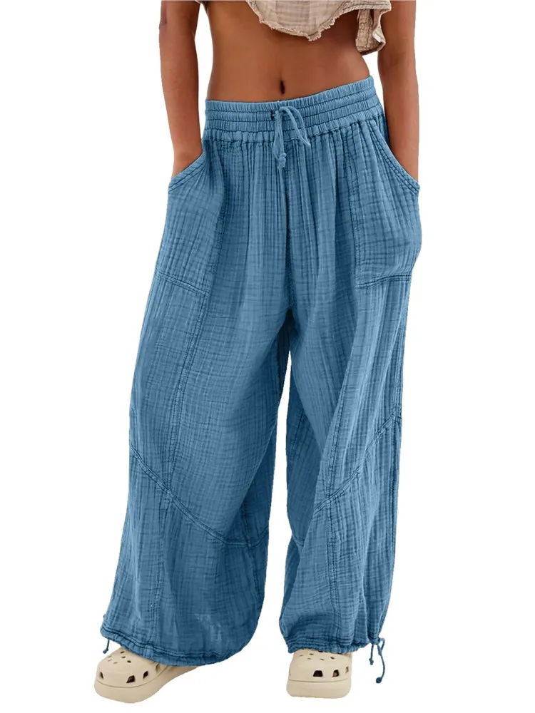 Beach Pants For Women Wide Leg Pants High Waist Drawstring Loose Pant With Pocket 2025 Solid Color Autumn Pantalones De Mujer
