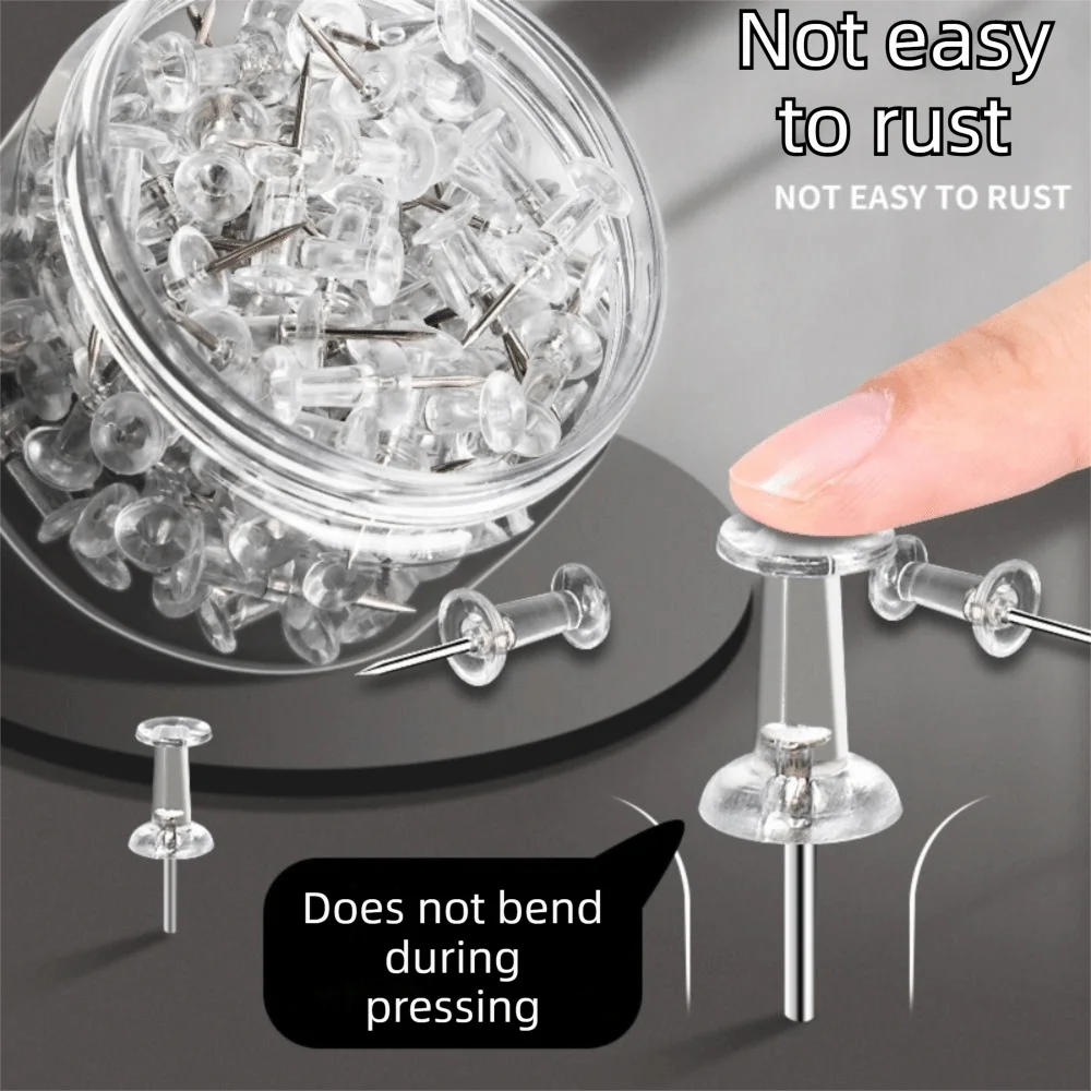 100pcs/box Transparent Transparent Push Pins Plastic Reusable Push Pins Tacks Sharp Point Rust Resistant Thumb Tacks