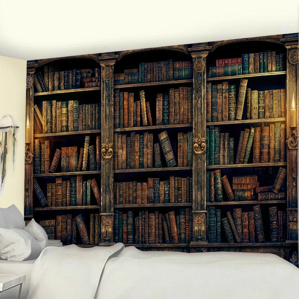 Large Vintage Bookshelf Wall Tapestry Bookcase Home Decoration For Living Room Bedroom Realistic Bookshelf Tapestry Wall Hanging