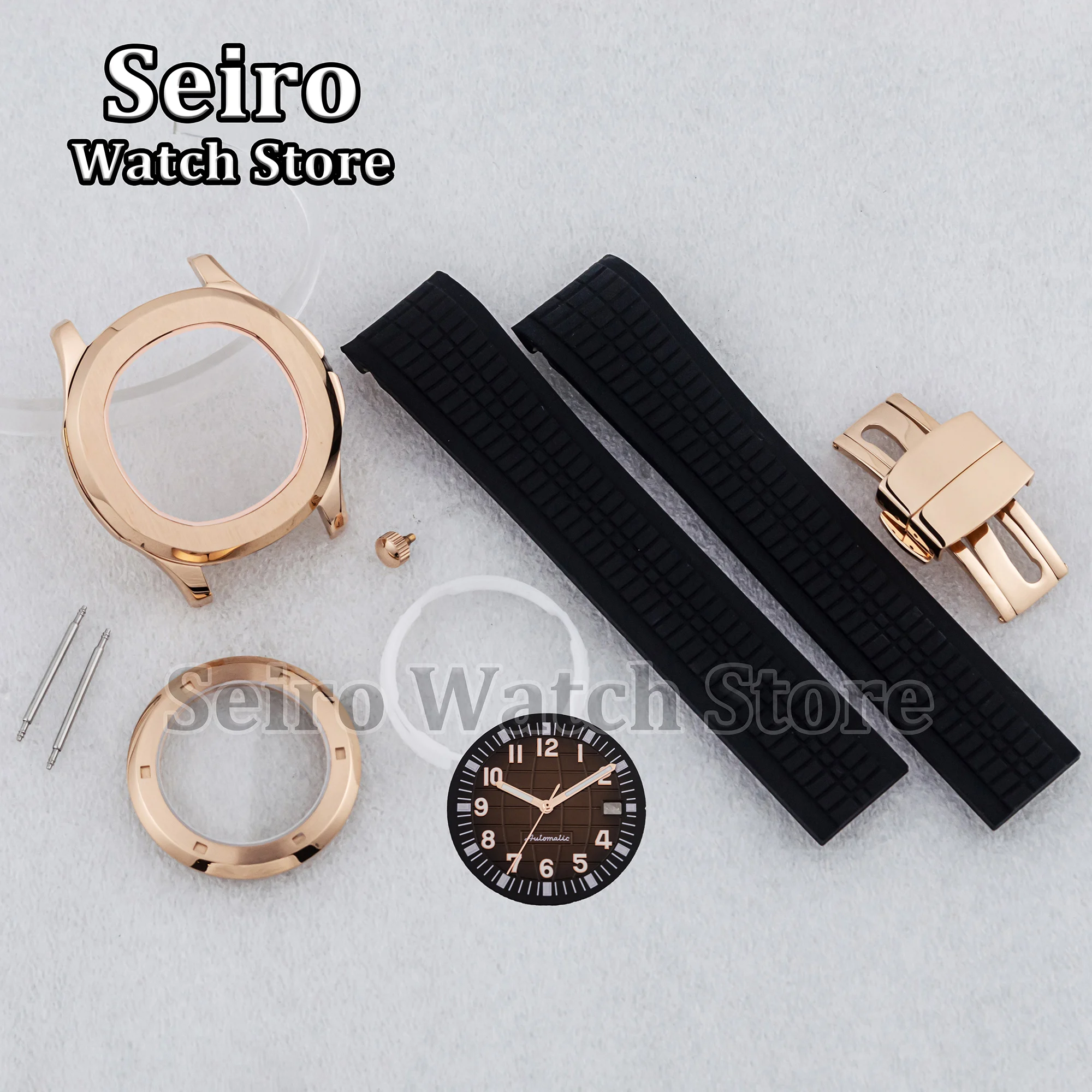 

42MM Rose Gold Watch Case Rubber Strap Black Brown Blue Bracelet Luminous Dial Hands for AQUANAUT Nautilus NH35 NH36 Movement