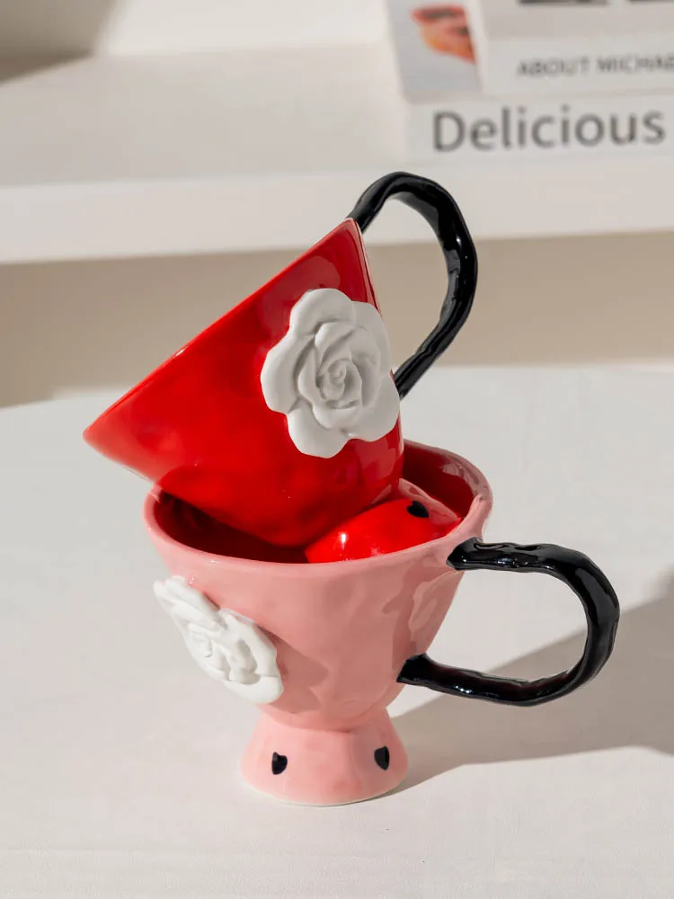 AhunderJiaz-3D Roses Creative Relief Ceramic Mug, Household Coffee Tall Cup, Kitchen Beverage Set, Home Decoration