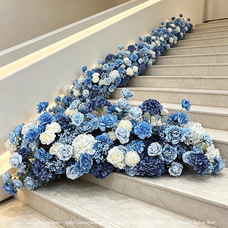 5D Blau-Weiße Künstliche Blumenreihe Rosen-Hortensien-Treppenblumen Sofa-Läufer Hochzeitsdekoration Gang Bühnenhintergrund-Arrangement – Detail 4