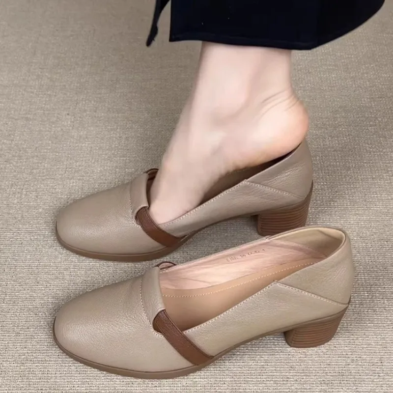 

Women Cute Sweet Light Weight Brown Slip on Square Heel Shoes Lady Casual Comfort Spring Elegant Beautiful High Pumps