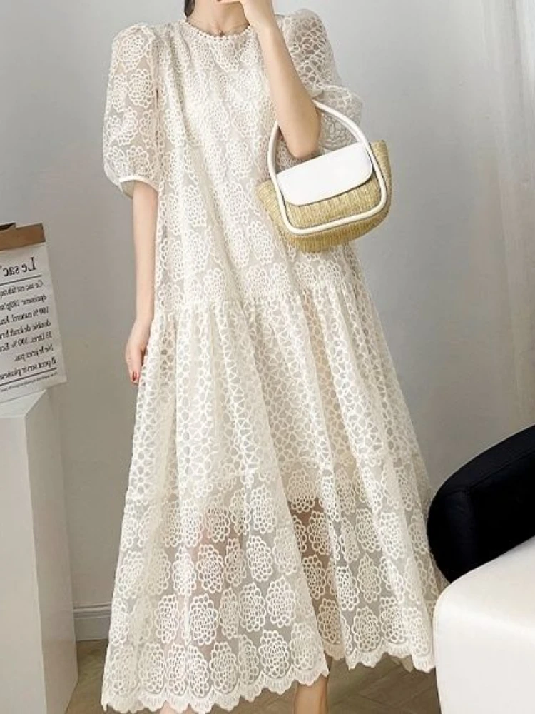 Elegant Round Neck Lantern Sleeved Long Dress Women Causal Loose Lace Hollow Out Dresses New Summer Female Street Robe