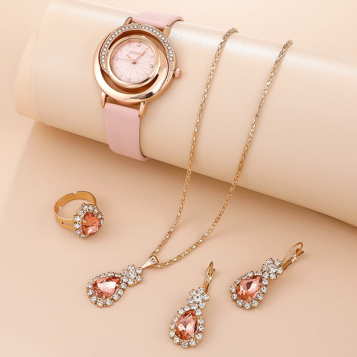 

Quartz Watch Diamond Necklace Earrings Rings Set Women Mother's Day Memorial Day Birthday Festival Valentines Gift Kit Watch Set