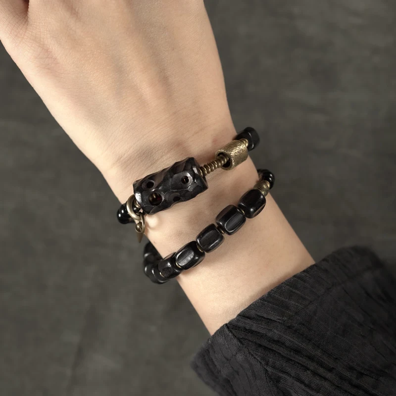 Pulseira artesanal de design de obsidiana de ébano personalidade feminina círculo duplo na moda legal pulseira retrô masculina