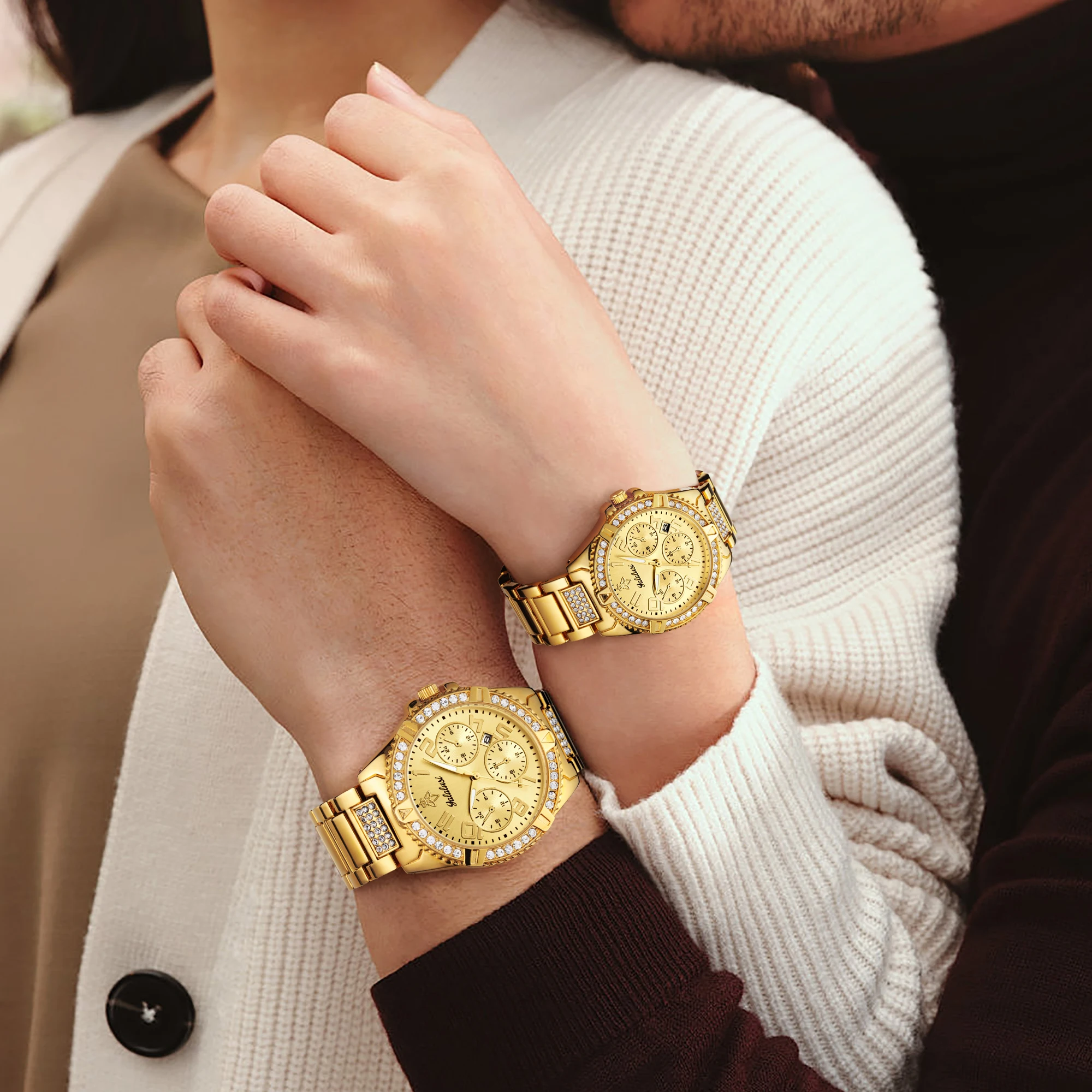 YaLaLuSi Couple Watches Fashionable Luxury Diamond-Studded Dial Calendar Waterproof Quartz Bracelet Wristwatch Gift Timepiece