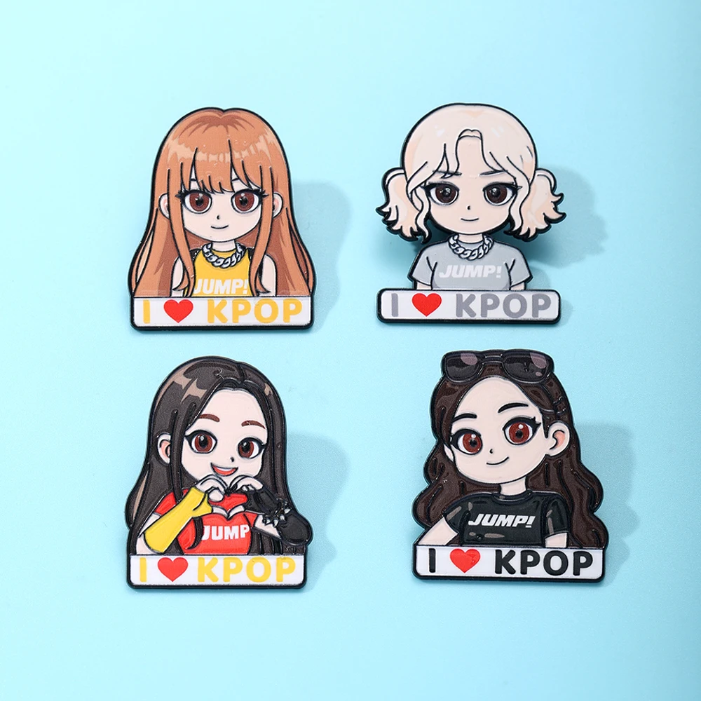 4pcs Kpop Girls Group Anime Brooch Set for Women Kawaii Cartoon Q Version Fashion Metal Badge Jewelry for Clothing And Backpack