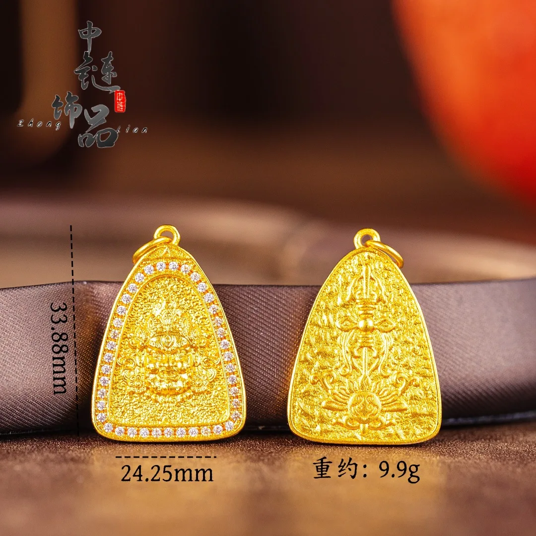 9999 gold diamond-studded triangular yellow fortune god pendant, retro-style triangular yellow fortune god necklace