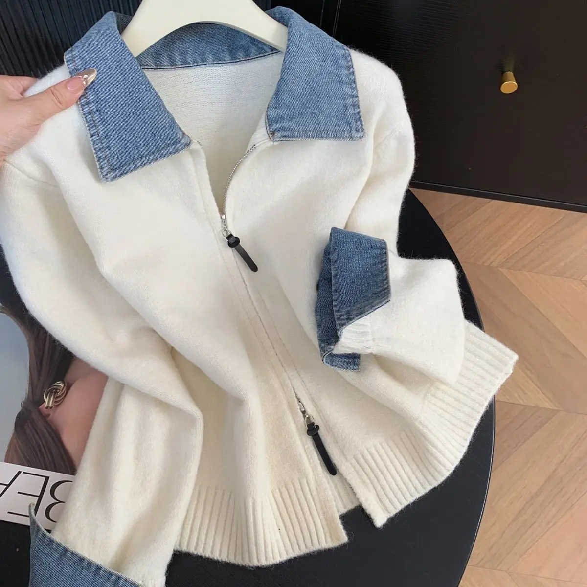 Denim Splicing Lapel Double Zipper Knitted Cardigan Women's Autumn Winter New Fashionable Temperament High-end Sweater Tide