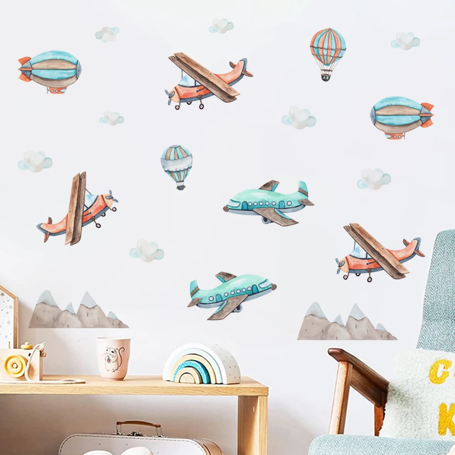 Aviones de dibujos animados, transporte de globos de aire caliente, nubes, pegatina de pared de acuarela, calcomanías artísticas de vinilo para