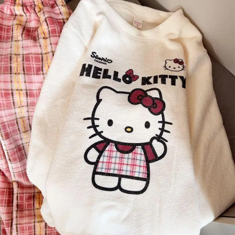 

Sanrio Hello Kitty women's Pajamas Set Sleepwear Coral Fleece Autumn Winter Home Clothes Cartoon Cute Fleece Thickened Warm