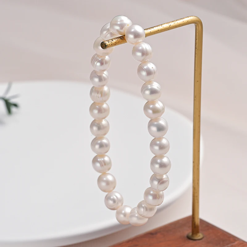 8-9mm Natural Freshwater Pearls Baroque Punch Screw Thread Elastic Rope Pearl Bracelet Simple Fashion Jewelry Gift for Women