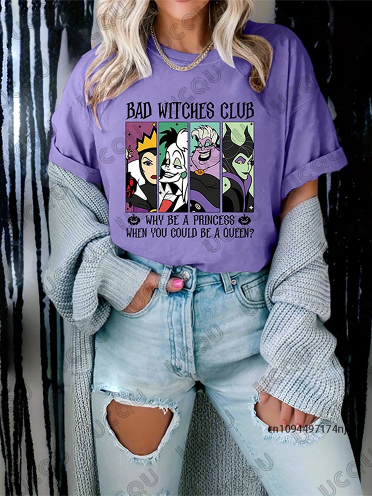 

Halloween Disney Cartoon Bad Witch Club Graphic Print Women‘s T-shirt Summer Short Sleeve Tees Casual Y2K Oversized Unisex Tops