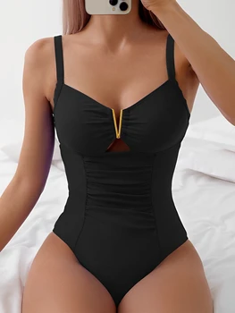 Maiô frente Ruched feminino, One Piece Swimwear, Fato de banho sexy, Roupa de praia feminina, Banho de natação, Monokini, Cortar fora, 2021