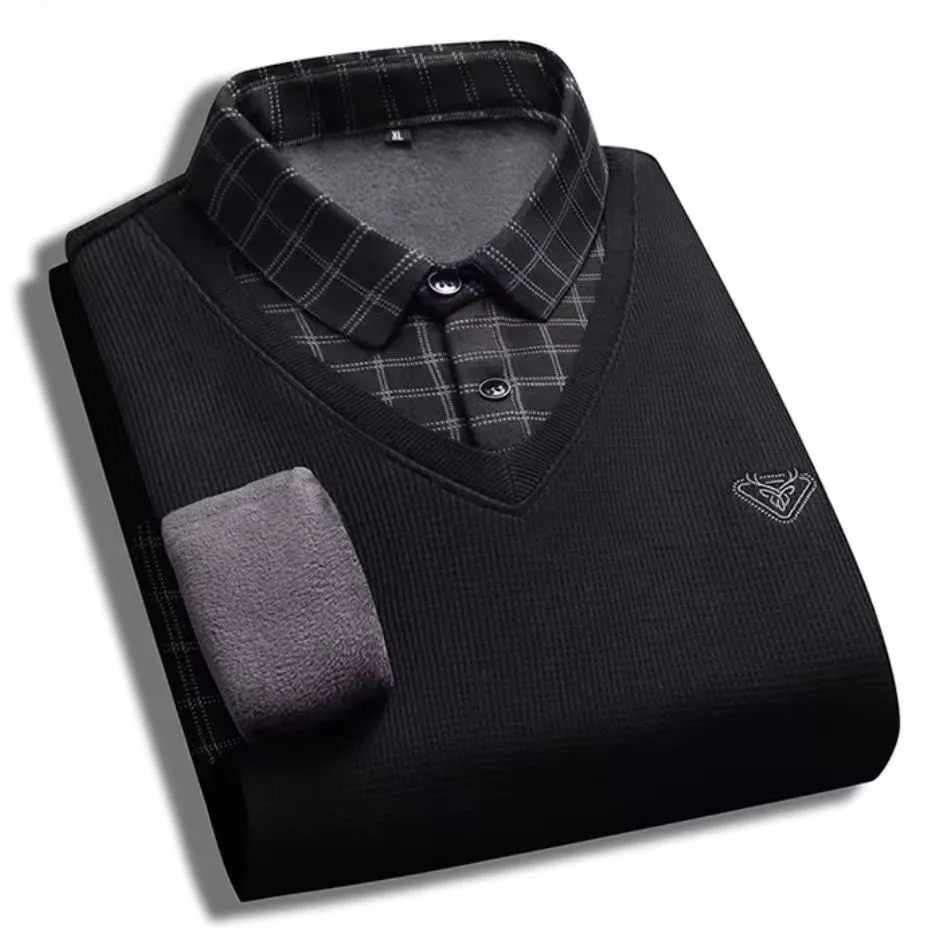 2026 Winter Fleece Thickened Men's Sweater High-Quality Fashionable Slim-Fitting Warm  Comfortable Casual Dad's Pullover Shirt