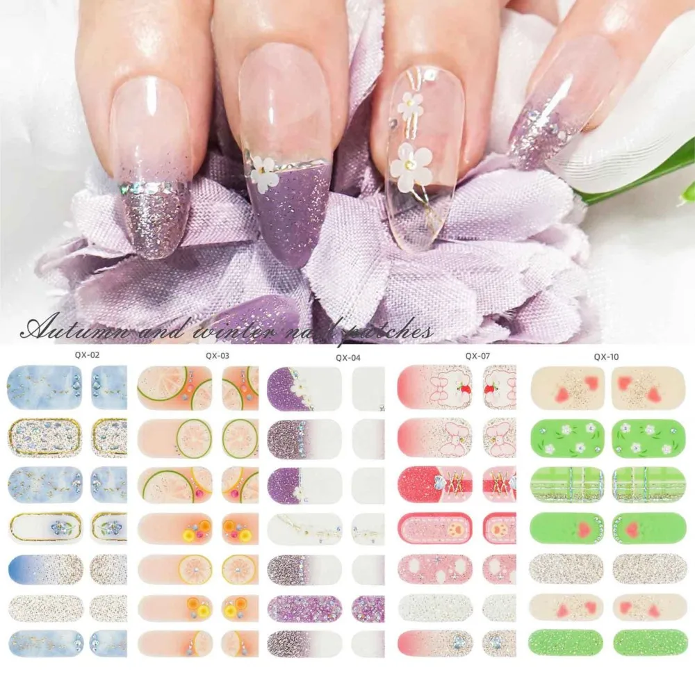 14 Tips Glittering French Oil Film Nail Sticker Gradient Colors Gel Nail Polish Full Cover Nail Wraps DIY Nail Art Slider Decals