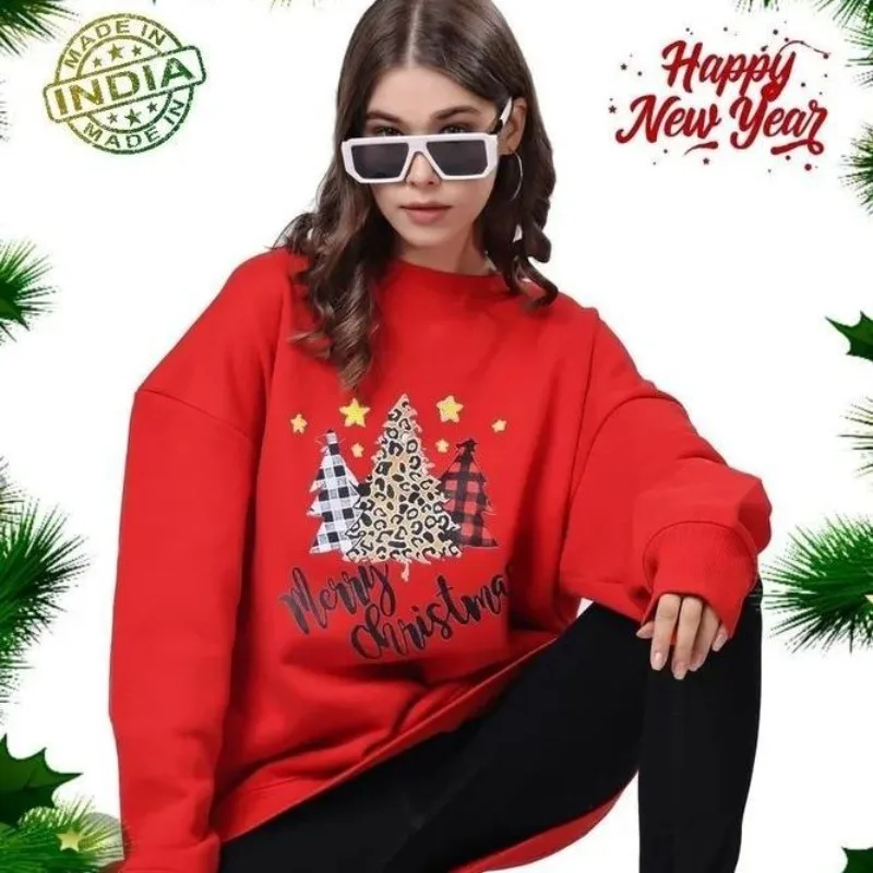 

Свитер с Рождеством, милый мультяшный принт, красные толстовки с круглым вырезом, милые женские пары, кавайный пуловер с длинными рукавами для отдыха