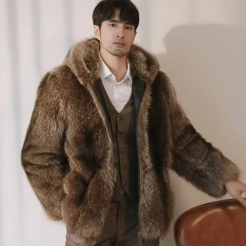 2025 New Autumn Winter Thicken Men's Fur Warm Soft Artificial Raccoon Plush Hoodies Light Luxury Fashion Tops Coat Male Overwear