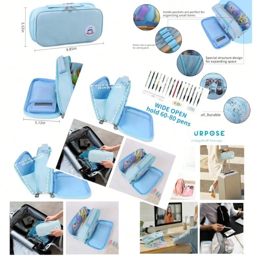

Pencil Case Pen Bag Holder Pouch Large Handle Big Capacity Desk Organizer Storage Marker Box Stationary Makeup Cosmetic Double Zippers For School Office Students Teen