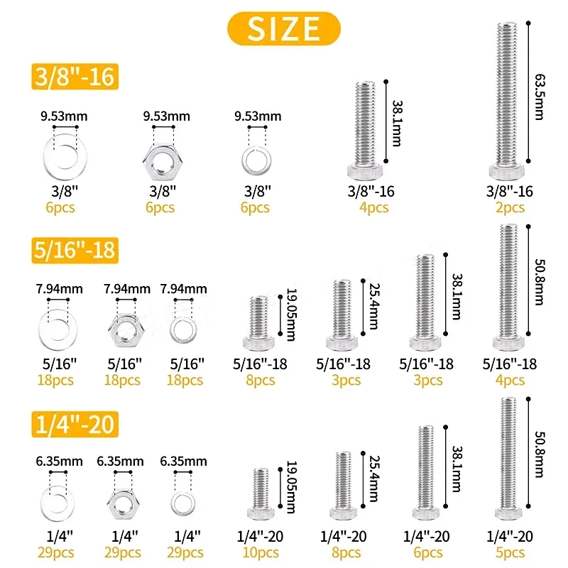 212PCS UNC Stainless Steel 304 External Hexagonal Screw Assortment Kit 1/4