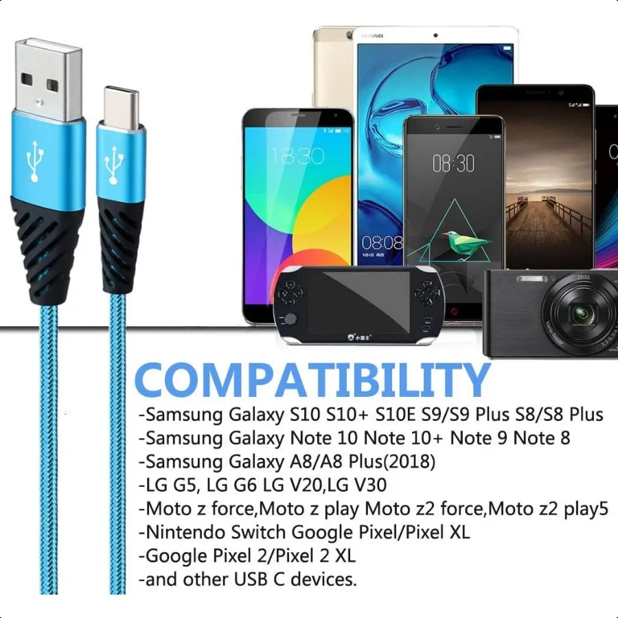 كابل شاحن من النوع C بطول 10 أقدام و4 عبوات سلك شحن سريع USB A إلى USB C شاحن الهاتف الخليوي من النايلون المضفر متوافق مع هاتف Samsung Gala