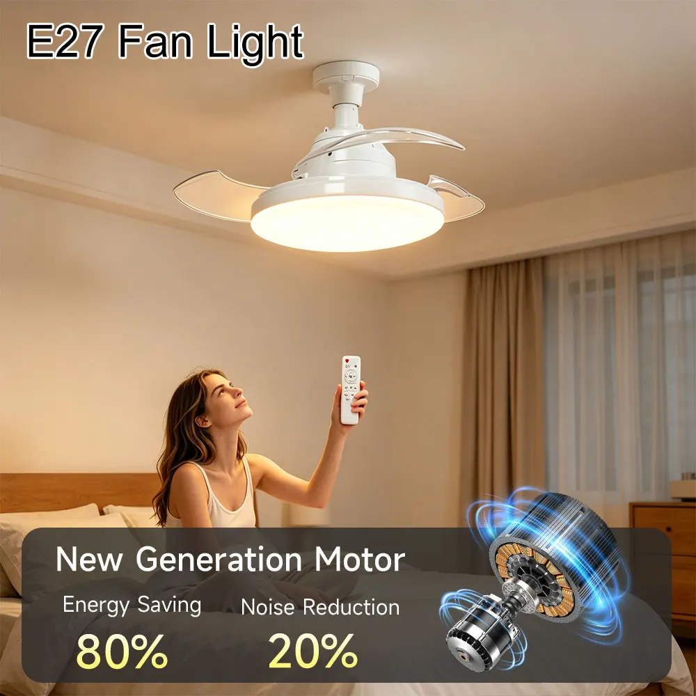30W Invisible Ceiling Fan Light E27 85-265V 3 Color Changing 3000-6500K Dimmable LED Fan Lamp with Remote Control for Bedroom