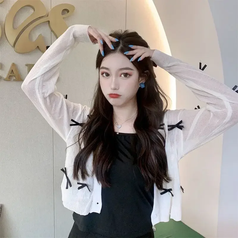 

Cardigan Women Sun-proof Summer Thin Knit Multiple-bow Design Harajuku Crops Sweet Style Pure High Street Sunscreen All-match