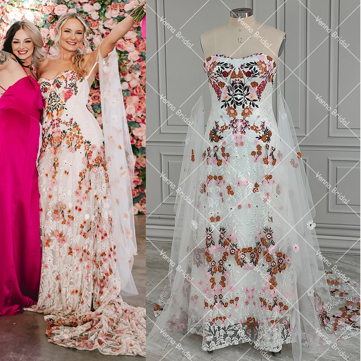 Abiti da sposa colorati con maniche lunghe svasate taglie forti Abiti da sposa con fiori ricamati con cerniera a cuore con sirena personalizzata