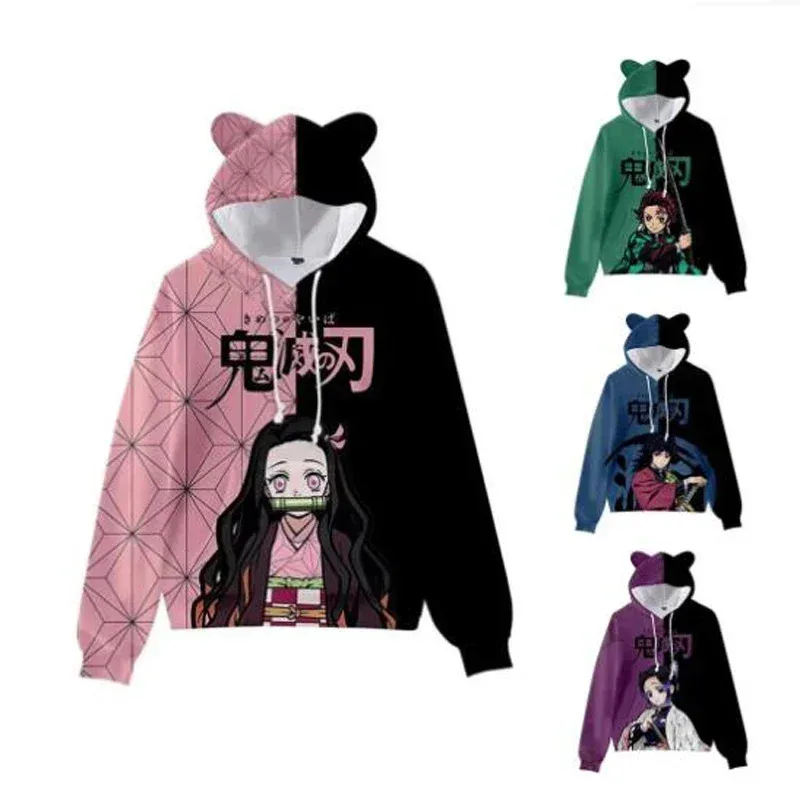 

Anime Demon Slayer Kids Hoodie Teens Boys Girls Kimetsu No Yaiba Cosplay Kawaii Cat Ears Pullover Hooded Jacket Children Clothes