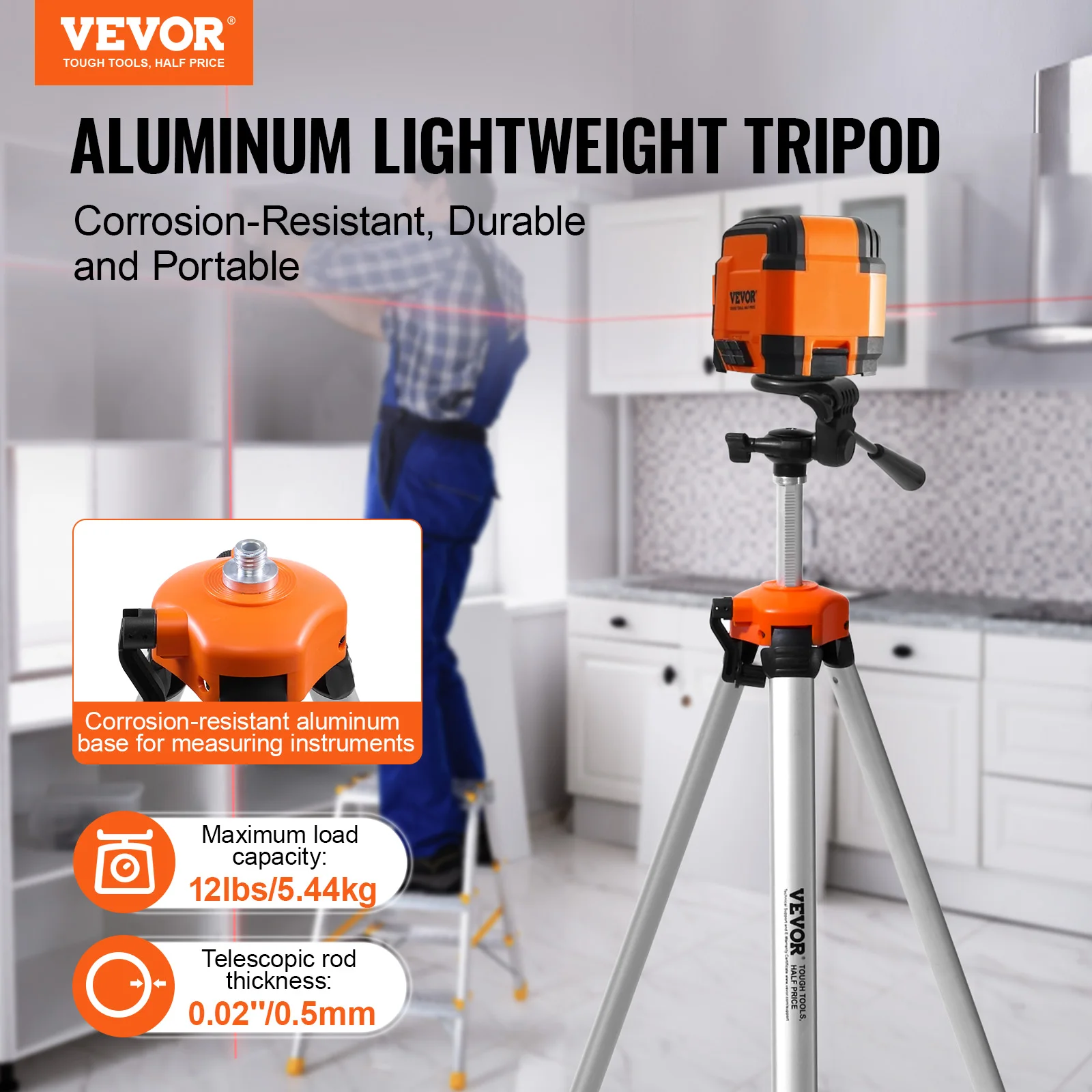 VEVOR Laser Level Tripod ¼ x 20 Thread Mount, 27.36-68.11 inch with Level Lightweight Laser Scanner Stand for Stable Measurement