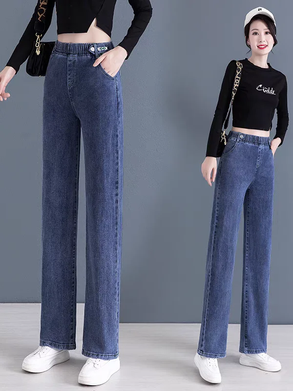 

Женские джинсы с высокой талией и широкими штанинами, свободного кроя, с эластичным поясом, весна-осень, новые, длинные, прямого кроя, синие, из денима