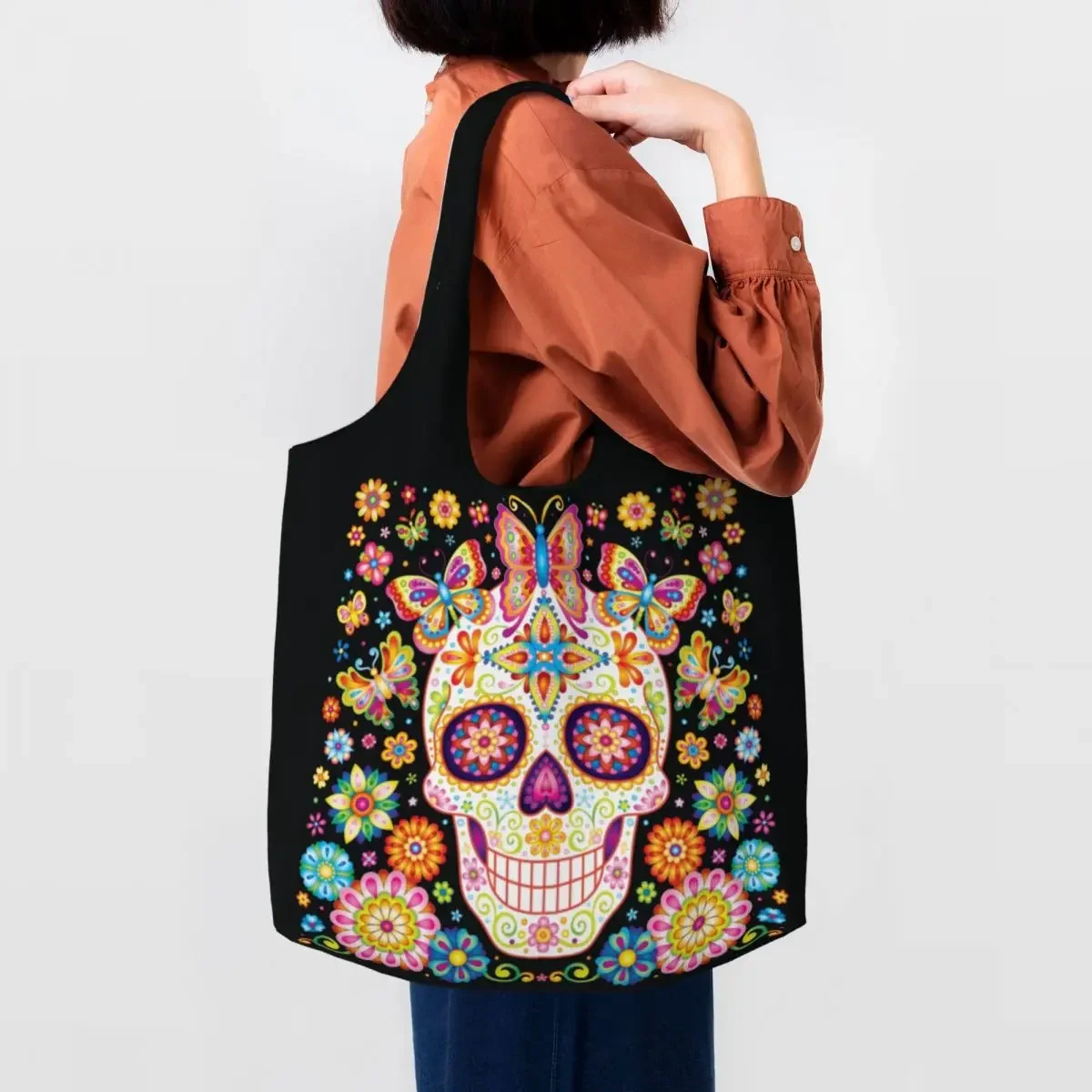 

Custom Mexican Flowers Sugar Skull Groceries Shopping Bag Canvas Shopper Tote Shoulder Bags Capacity Durable Of The Dead Handbag