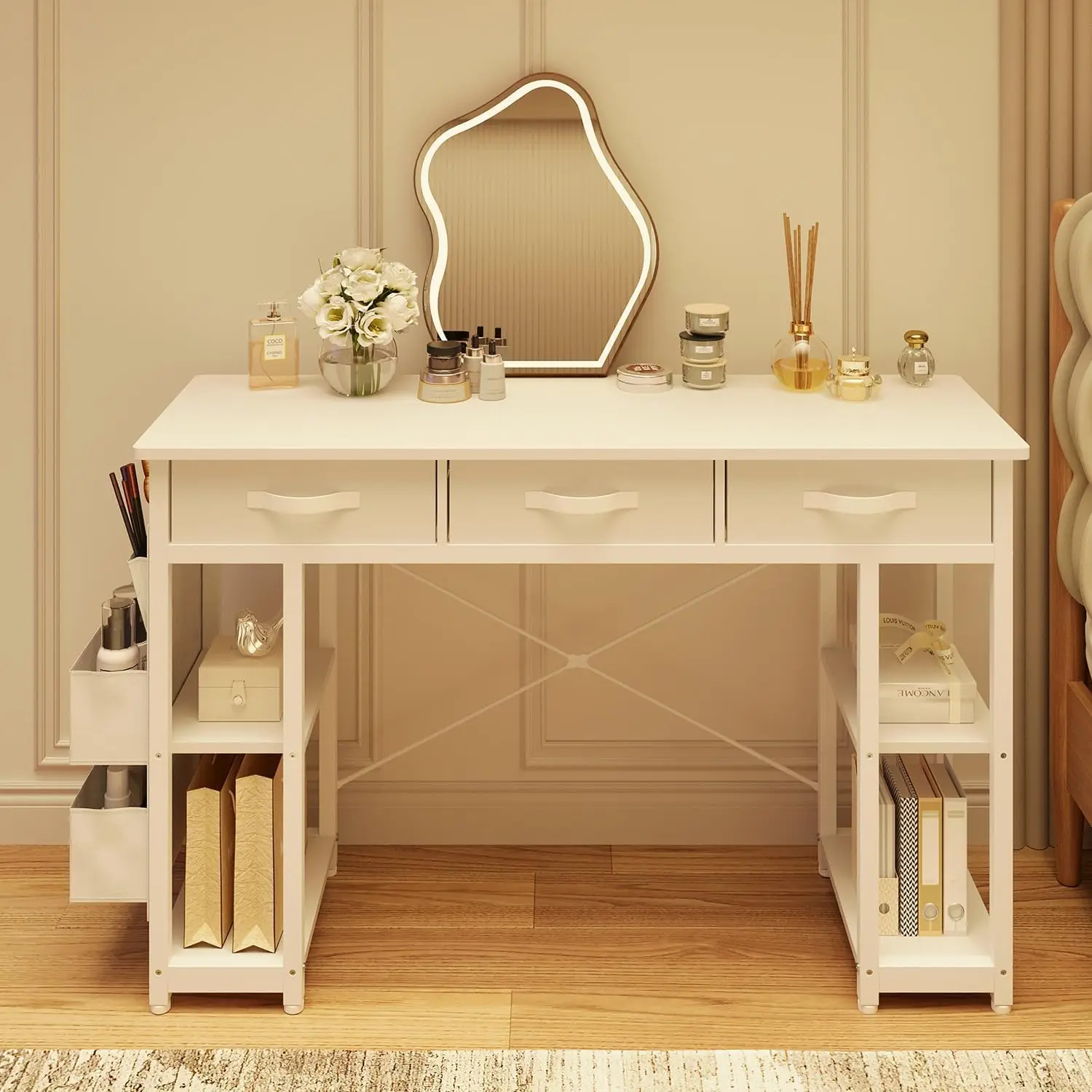 

White Vanity Desk, Computer And Study Desk With Fabric Drawers & Side Storage Bag, No Mirror. Makeup Vanity Table, Home Office
