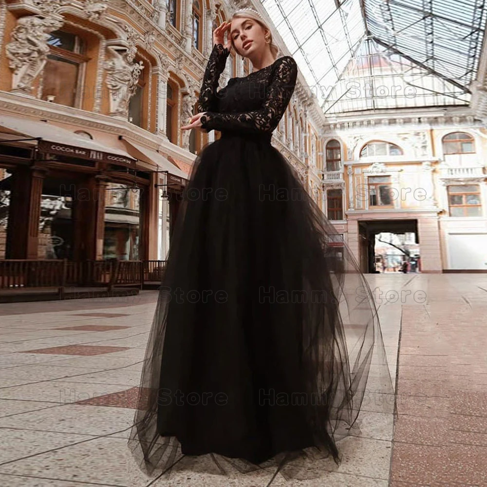 Gothic Lace Wedding Dress Customized Boat Neck Long Sleeves Open Back Sexy Black Bridal Gown Custom Size Women Vestido De Noiva