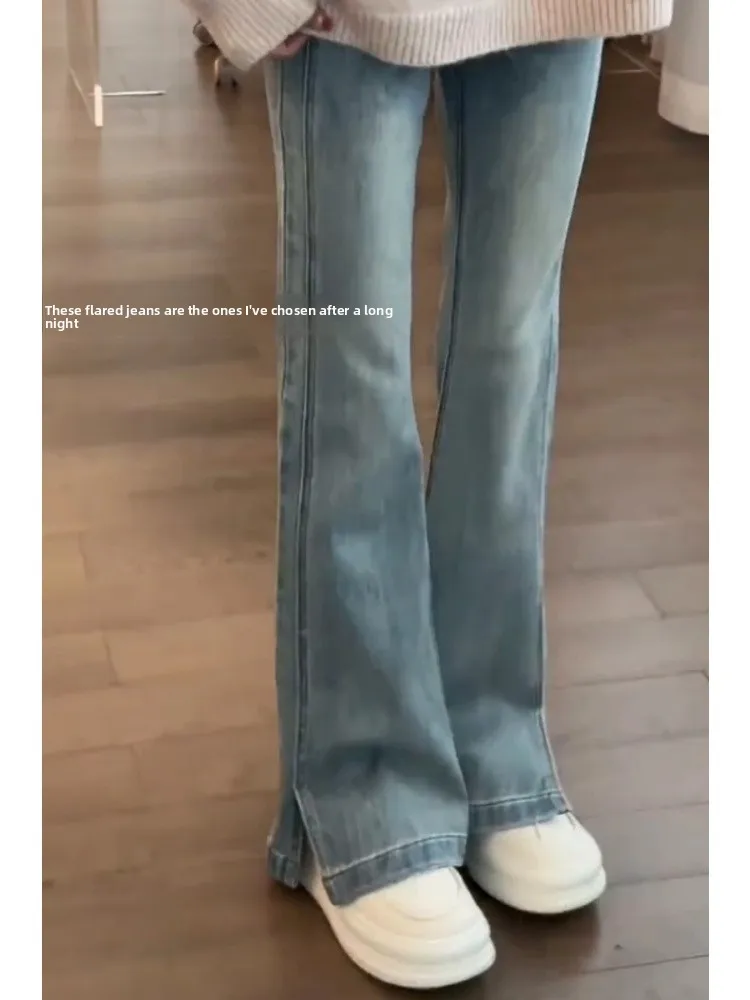 الضوء الأزرق عالية الخصر بسط الدينيم السراويل النسائية ربيع الخريف جديد Sle حجم كبير متوهج الطابق طول السراويل #1