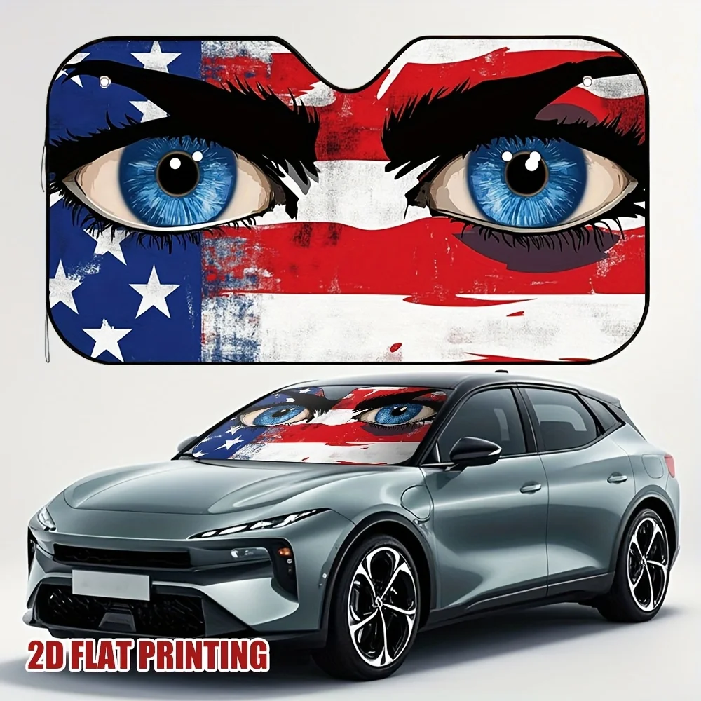 1pc American Flag & Blue Eyes Car Sun Visor - Patriotic Design Fit Car Accessory, 2D Flat Printing Heat Reduction For Parking &