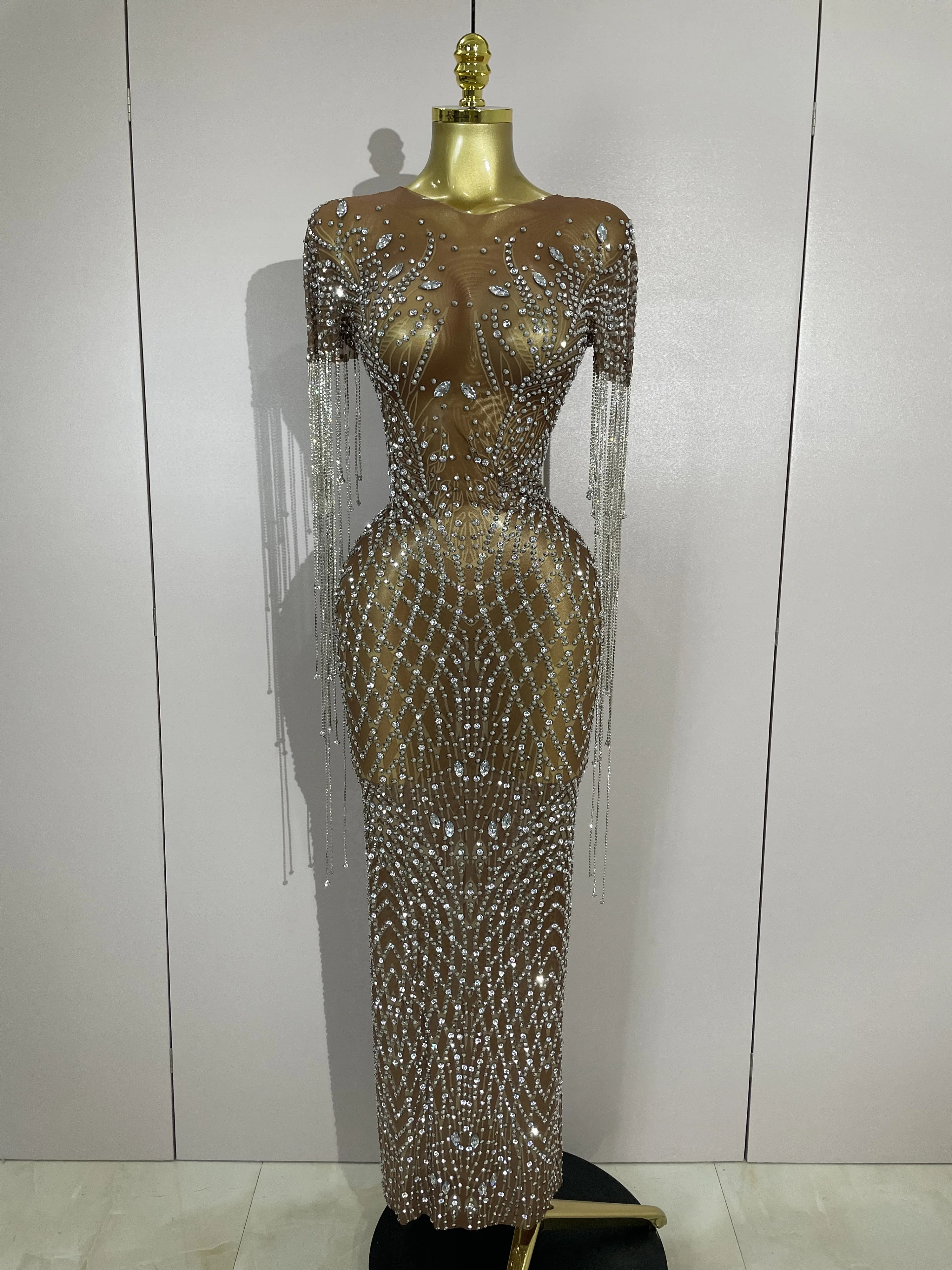 Luxery Sparkly Rhinestones Tassel Transparent Mesh Stretch Long Dress Women Evening Celebrate Birthday Dress Sexy Stage Costumes
