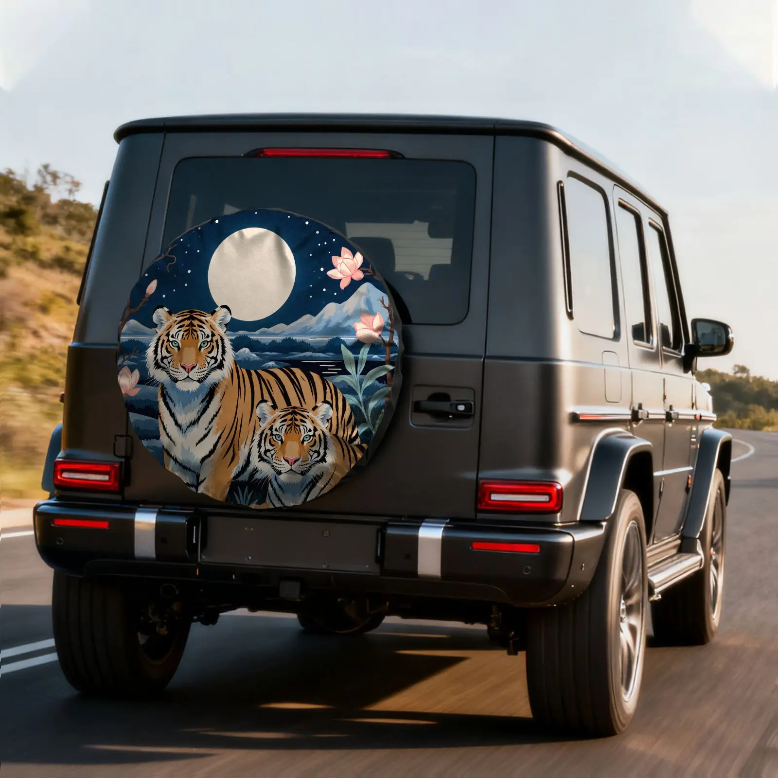 Tire Cover With A Moonlit Double Tiger Print, Made Of Polyester Fiber, Suitable For Car Spare Tires, Outdoor Camping Decorative