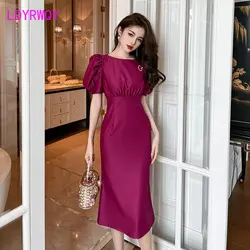 2023 Summer New Women's Style Bubble Sleeves Wrapped Waist Slim Fit Noble Purple Dress