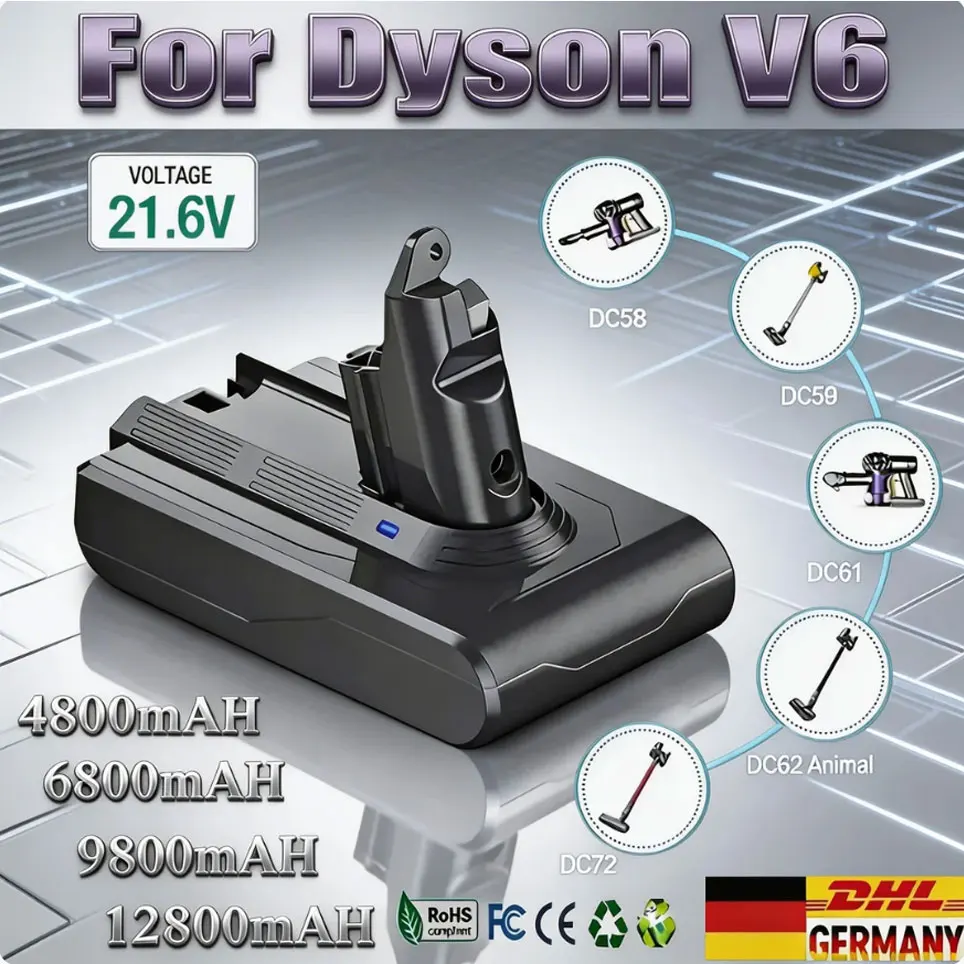 Für Dyson Akku V6 21,6V 12800mAh Ersatzakku DC62 DC59 DC58 SV03 SV04 SV09 Animal Motorhead V6 Slim Absolute Staubsauger-Akku