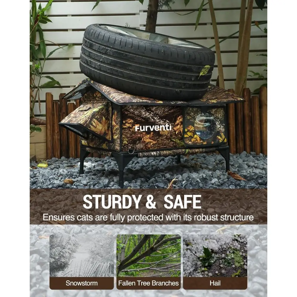 مأوى للقطط في الهواء الطلق معزول مقاوم للعوامل الجوية مع تصميم مرتفع وباب هروب للقطط الحلقية