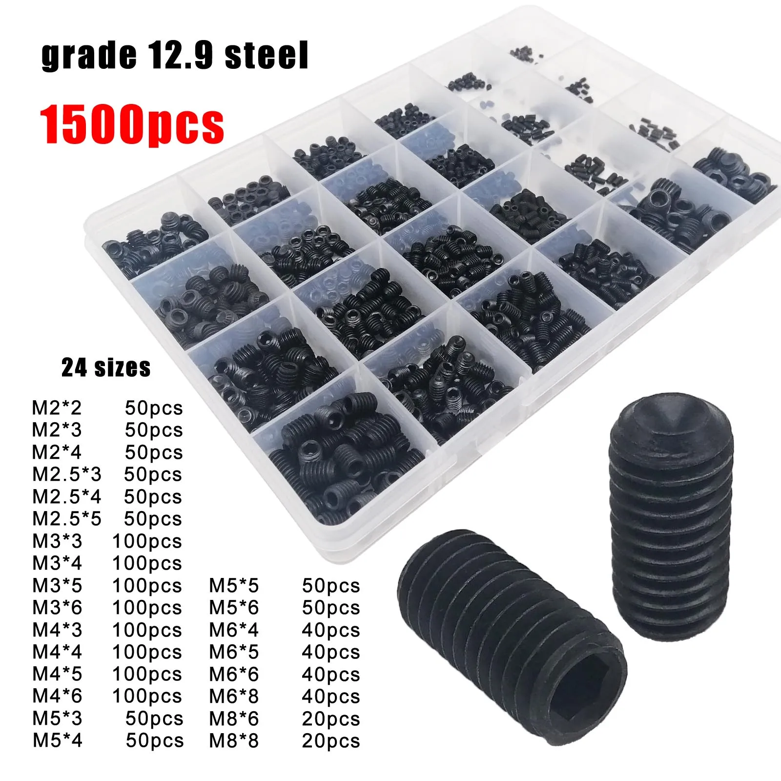 500/1500pcs M2-M8 DIN916 Black Steel 304 Stainless Steel Hex Hexagon Socket Allen Cup Point Set Screw Grub Bolt Assortment Kit