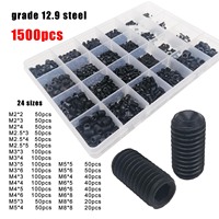500/1500pcs M2-M8 DIN916 Black Steel 304 Stainless Steel Hex Hexagon Socket Allen Cup Point Set Screw Grub Bolt Assortment Kit