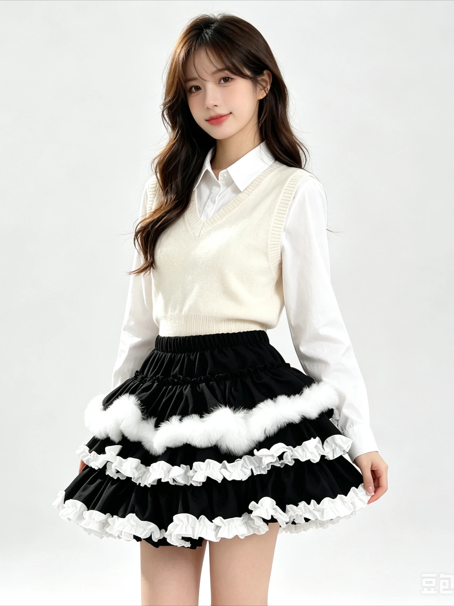 Coquette Plaid Tiered Cake Mini Skirt White Faux Fur & Ruffle Trim Elastic Waist Built-in Safety Liner Women Frilly Short Skirt