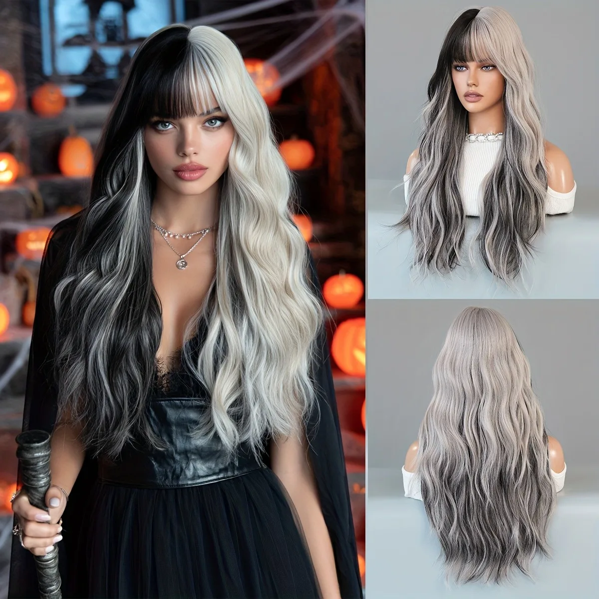 

Длинный волнистый черный многоцветный парик с аккуратной челкой - термостойкий синтетический парик для женщин с естественным видом, отлично подходит для Хэллоуина